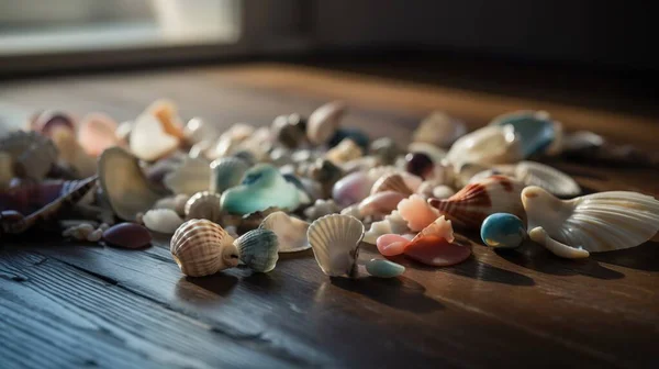 a pile of sea shells sitting on top of a wooden table next to a window sill on a wooden floor next to a window.