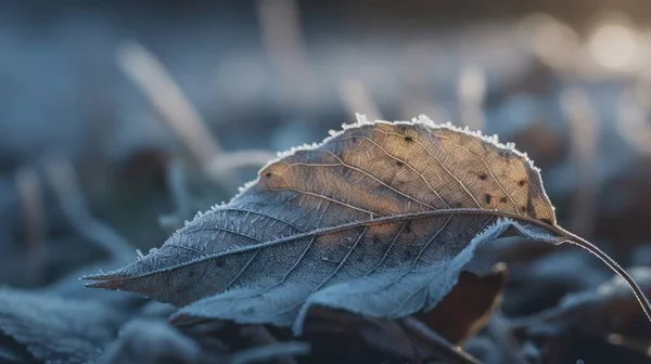 a leaf with frost on it sitting on the ground in a field with grass and other plants in the background, with the sun shining through the frost on the leaves.