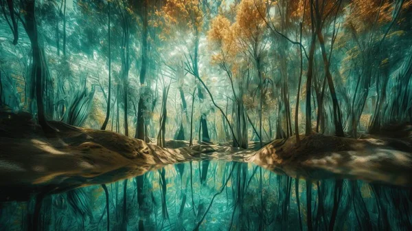 a painting of a forest with a pond in the middle of the forest and trees in the background, with a reflection of the water in the water.