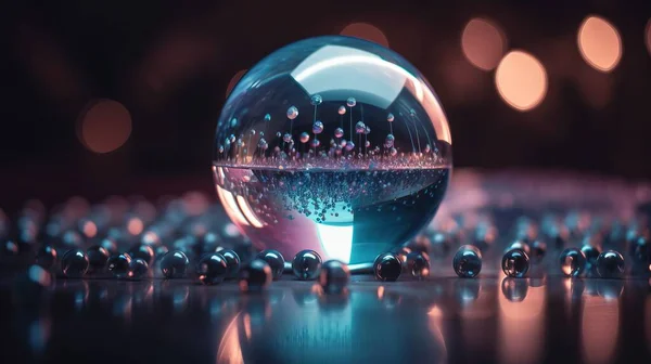 a glass ball with bubbles in it on a reflective surface with a lot of lights in the background and a blurry image of the ball.