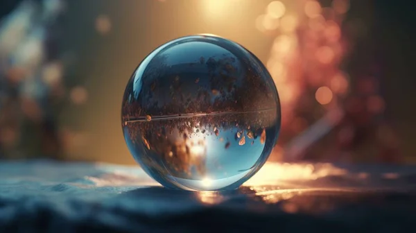 a glass ball sitting on top of a table next to a tree in the background and a blurry light coming from the top of it.