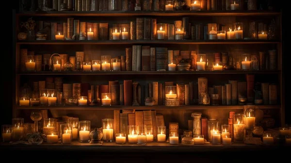 a shelf filled with lots of lit candles next to a bookshelf filled with lots of books and bookshelves filled with books.