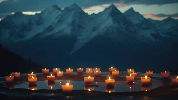 a group of lit candles sitting on top of a table next to a snow covered mountain covered in snow covered mountains in the distance are lit by the sun.