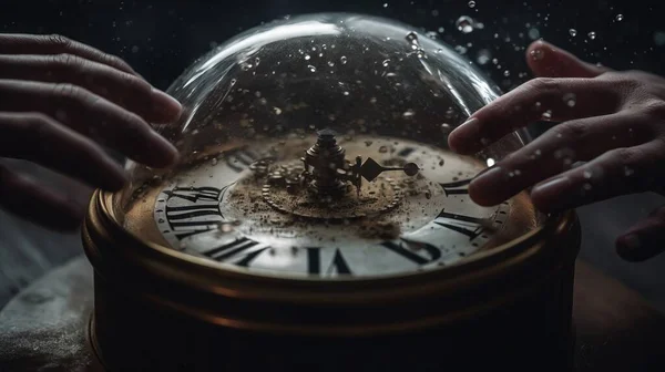 two hands reaching for a snow globe with a clock on it and snow flakes falling around it and the hands of a person reaching for the clock.