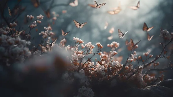 a bunch of butterflies flying over a bunch of flowers in the air with a blurry background of trees and flowers in the foreground.
