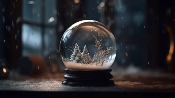 a snow globe with trees inside of it on top of a wooden table in a dark room with snow falling from the ceiling and a window.