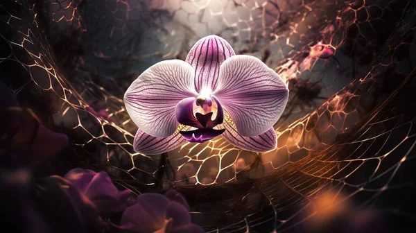 a white and purple flower is in the middle of a picture with a spider web in the middle of the picture and a spider web in the middle of the picture.