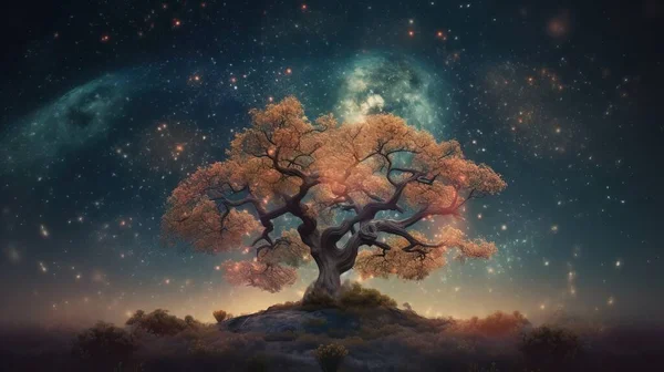 a painting of a tree on a hill with stars in the sky and a full moon in the sky above it, with the sky and stars in the background.