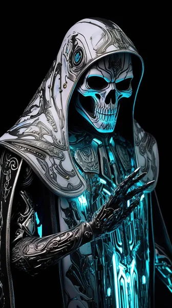 a skeleton dressed in a hooded suit holding a sword and a glowing sword in his hand with a glowing skull in the middle of his arm.