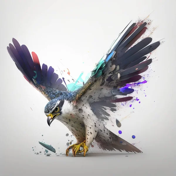 a bird with colorful feathers is flying in the air with its wings spread out and spread out, with a white background behind it and a splash of blue, red, purple, purple, and.