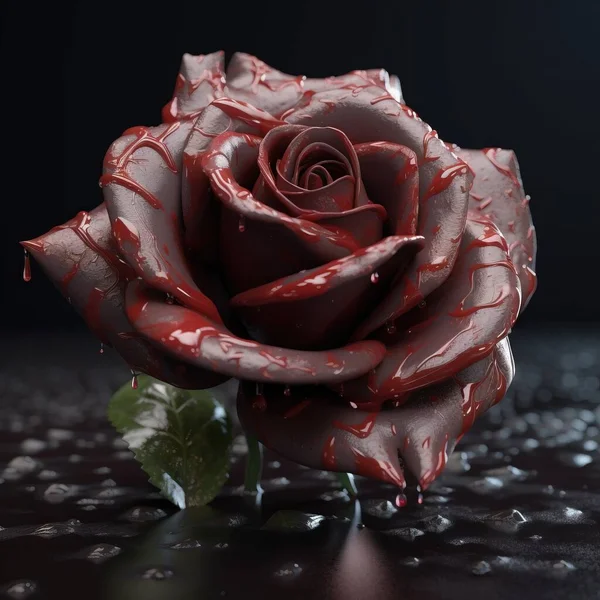 a red rose with water drops on it's petals on a black surface with a dark background and a green leaf on the left side of the rose.