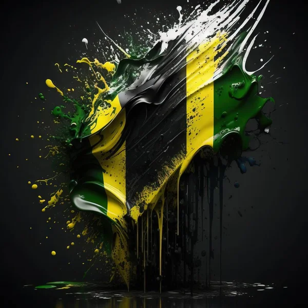 a jamaica flag is painted on a black background with yellow and green paint splattered around it and the flag is black and white.