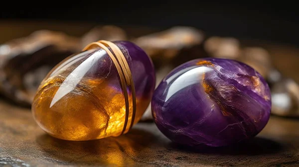 a couple of glass beads sitting on top of a wooden table next to a purple object on a wooden tablecloth covered table top with shells.