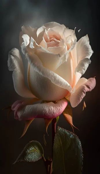 a white rose with a dark background is in the middle of the frame, with the petals still attached to the stem, and the petals still attached to the stem.