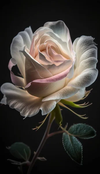 a white rose with a pink center on a black background with a green stem and leaves in the foreground, with a black background with a black backdrop.