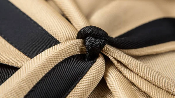 a close up of a black and tan tie on a tan and black chair cushion with a knot on the side of the chair cushion.