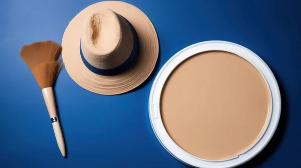 a hat, a brush, and a powder on a blue background with a white circle on the bottom of the image and a tan hat on the bottom of the image.
