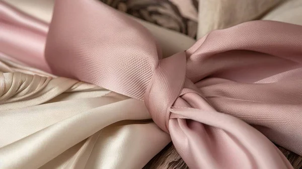 a close up of a pink satin bow on a bed sheet with a floral design on it\'s back end and a pink satin bow on the top of the bed.
