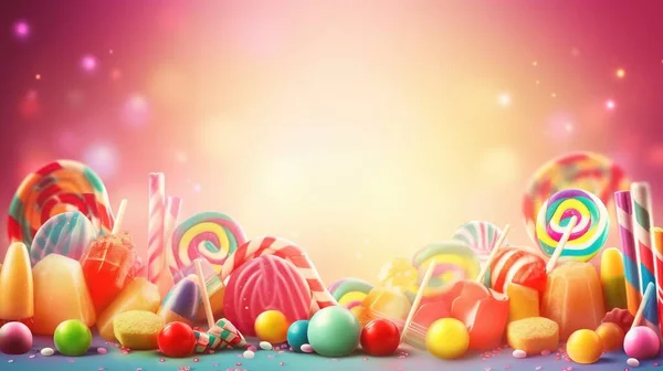 a colorful candy background with lots of candies and lollipops on a blue surface with a bright light in the back ground.
