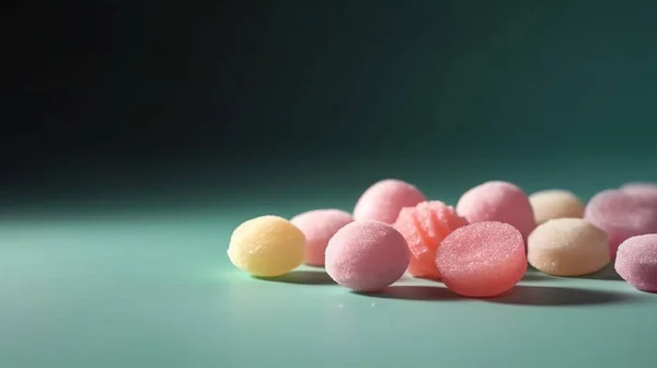 a pile of pink and yellow candies on a green table top with a green background and a green background behind it, with a few more candies in the foreground.