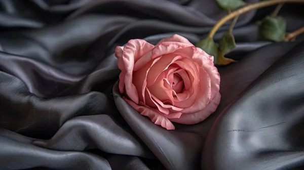 a single pink rose is on a black satin fabric with a green stem on it\'s end and a green stem on the end of the end of the rose.