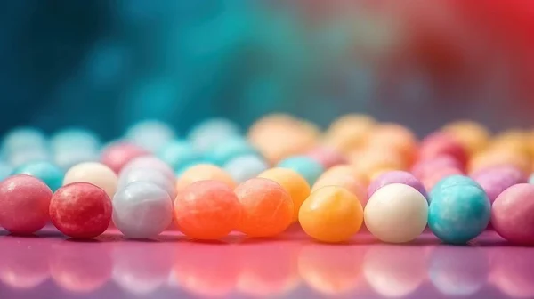 a close up of a row of candy balls on a pink surface with a blurry background of blue, red, yellow, and white.