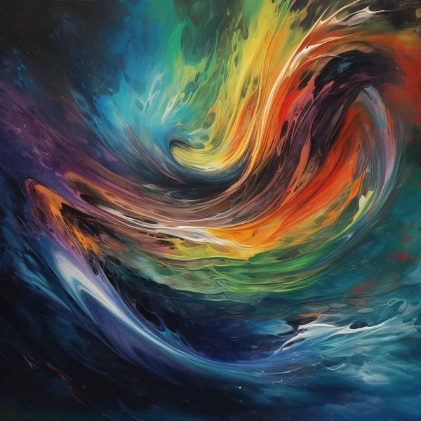 a painting of a colorful wave of water with a black background and a blue sky with white clouds and a red, yellow, green, orange, blue, and green, and orange swirl.