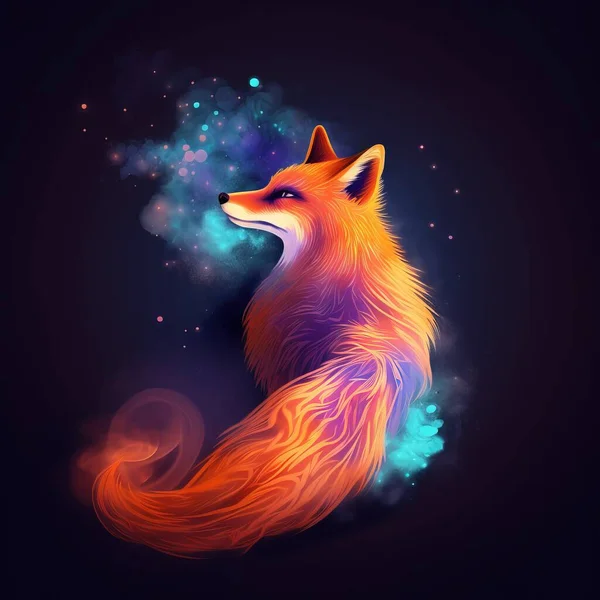 a colorful fox sitting on top of a black background with a blue sky behind it and stars in the sky behind it, and a glowing tail.