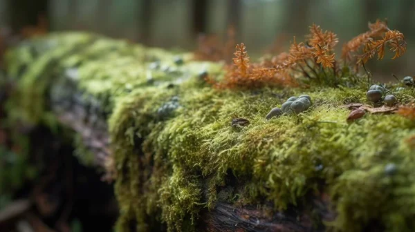 moss growing on a log in a forest filled with leaves and other plants and plants growing on the log and moss growing on the log.
