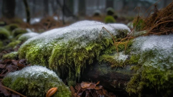 a moss covered log in a forest with leaves and moss growing on the ground and on the ground it is covered in snow and ice.