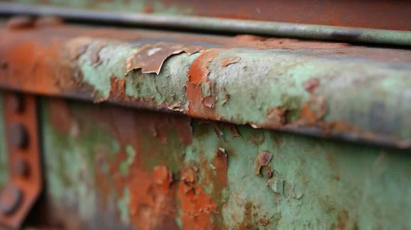 a rusted metal surface with rusted paint and rusted metal rivets on the side of the metal surface is green and rusted.