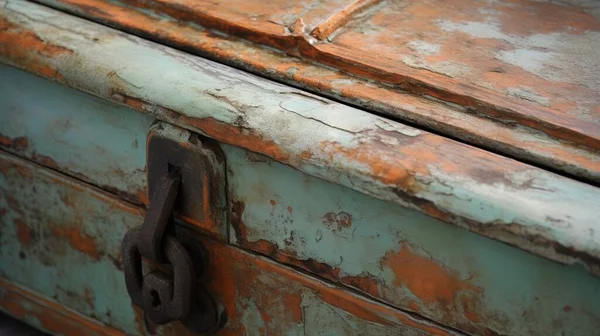a rusted chest of drawers with a rusted handle on it\'s sides and a rusted door handle on the top of the chest.