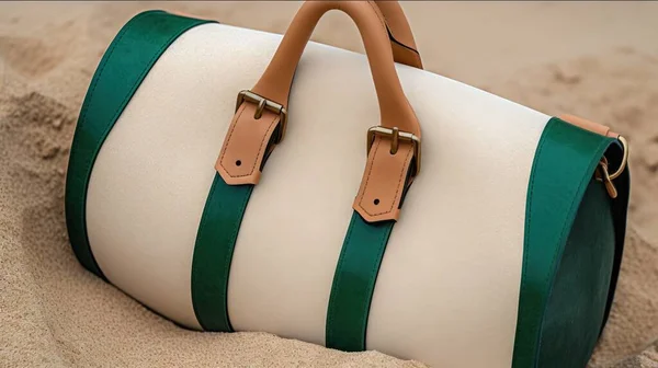 a green and white bag sitting on top of a sandy beach next to a blue and white bag with a brown strap on top of it.