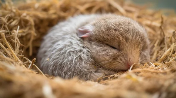 a baby animal is curled up in a pile of hay.