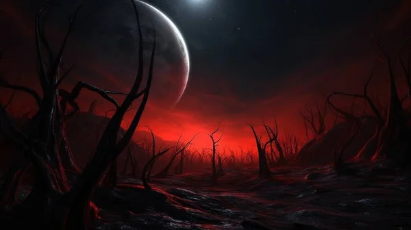 a red and black landscape with a moon in the distance.
