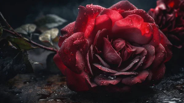 a close up of a red rose with drops of water on it.