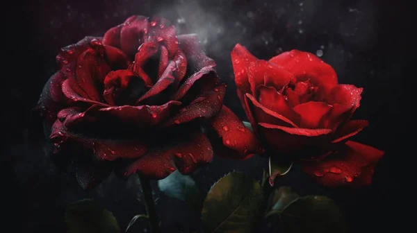 two red roses with water droplets on them on a dark background.