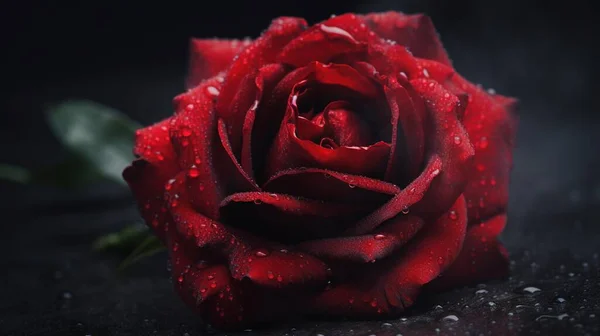 a single red rose with water droplets on it's petals.