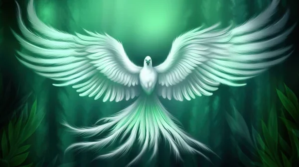 a painting of a white bird with wings spread in the air.