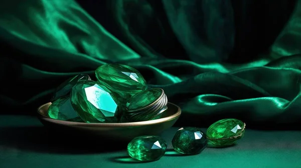 a bowl filled with green crystal stones next to a green cloth.