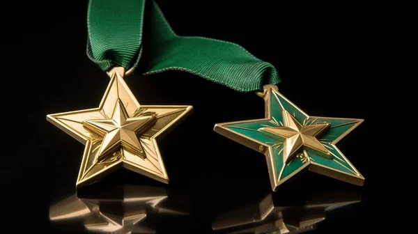 two gold and green stars with a green ribbon on a black background.