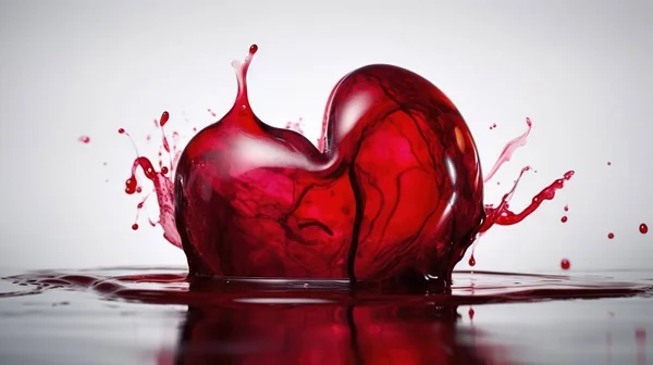 a red heart shaped object with water splashing around it.