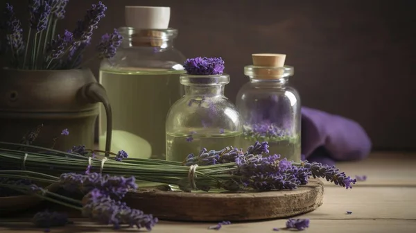 lavender flowers and bottles of lavender oil on a table with lavenders.