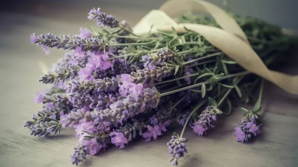 a bunch of lavender flowers with a ribbon on a table.