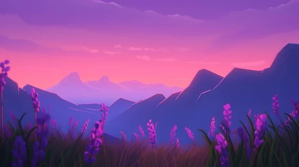 a painting of a purple sunset with mountains in the background.