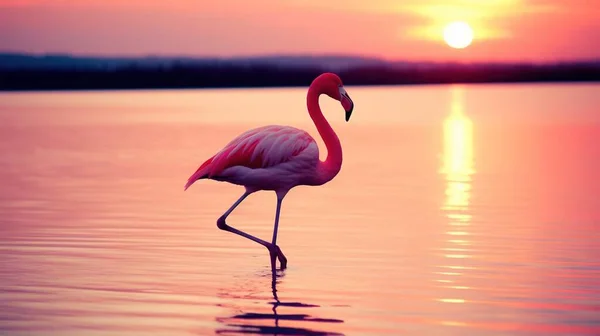 a pink flamingo standing in the water at sunset or dawn.