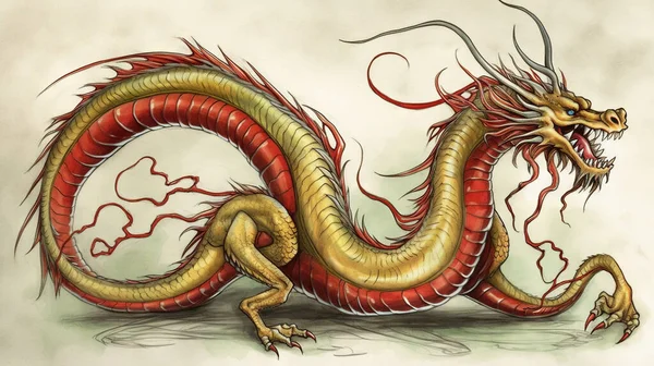 a drawing of a dragon with red and yellow colors on it\'s body. .