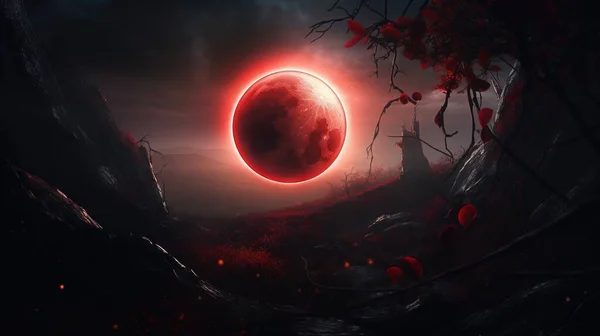 a red eclipse is seen in the sky over a forest.
