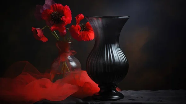 a black vase with red flowers in it on a table.