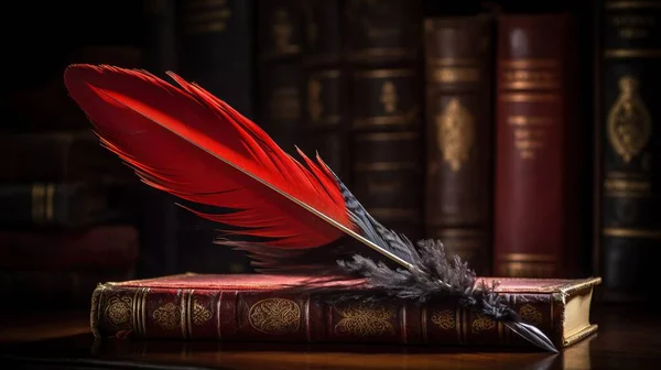 a red feather quill resting on a book with books in the background.